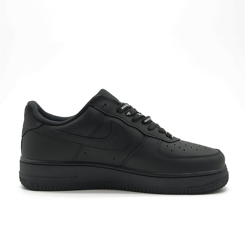 Medial side view of black Supreme Air Force 1 sneaker with full black leather construction and signature Nike Air Force 1 shape.