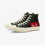 CDG Play Converse High Top Black sneakers featuring the iconic red heart logo, black canvas upper, white contrast stitching, and classic Chuck Taylor high-top silhouette.