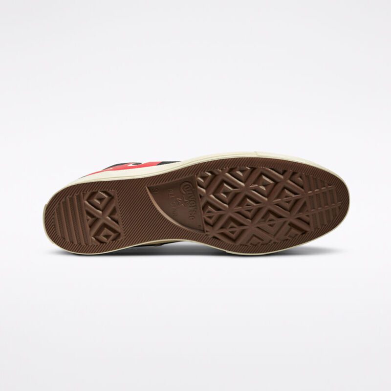 Rubber outsole of CDG Play Converse High Top Black displaying the classic Converse traction pattern and durable gum-colored tread design.