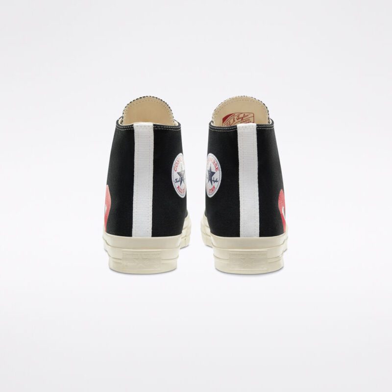 Rear view of CDG Play Converse High Top Black sneakers showing heel pull tabs, Converse branding, and premium black canvas construction.