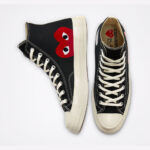 Top-down view of CDG Play Converse High Top Black showing lace system, canvas construction, cushioned interior, and premium finishing details.