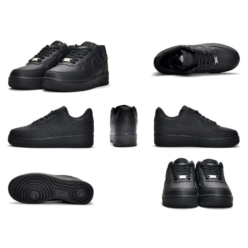 Nike Air Force 1 Low Black CW2288-001 multi-angle product view showing front, side, heel, top, outsole, and full silhouette details.