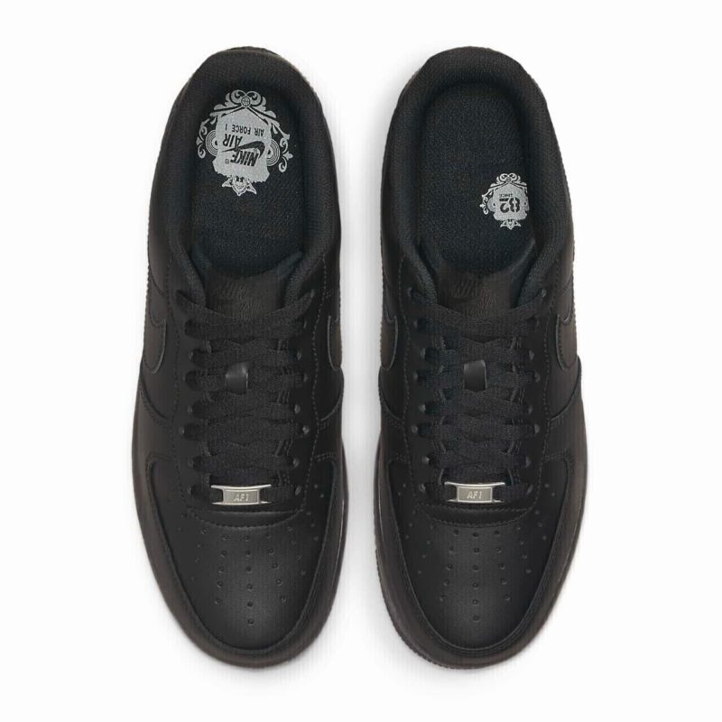 Top-down view of Nike Air Force 1 Low Black CW2288-001 with lace system, padded collar, and perforated toe box.