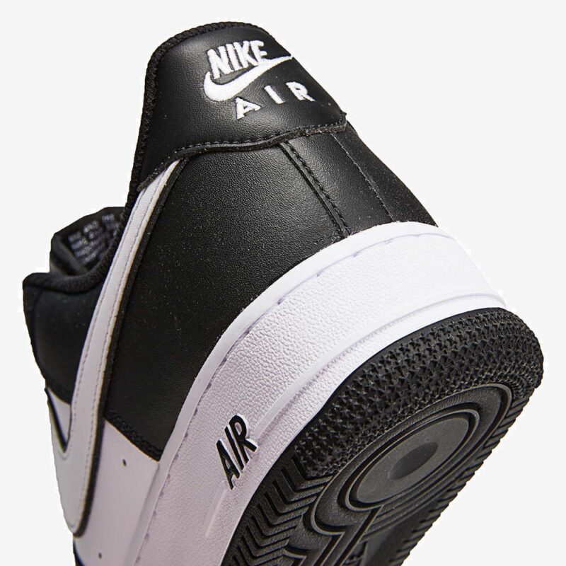 Close-up heel detail of Nike Air Force 1 Panda featuring Nike Air embroidery and textured rubber outsole.