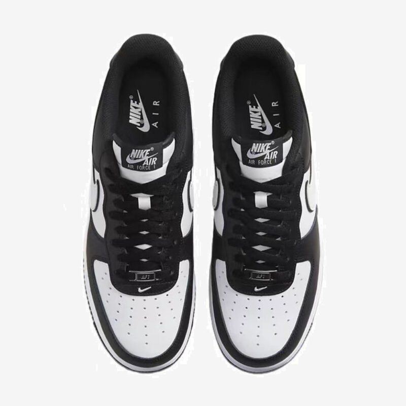 Top-down view of Nike Air Force 1 Low Panda showing perforated toe box, black laces, and Nike Air tongue branding.