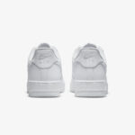 Rear view of Nike Air Force 1 Low Triple White with embroidered Nike Air heel branding and white leather panels.