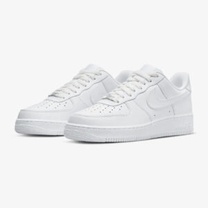 Nike Air Force 1 Low Triple White CW2288-111 in a front angle view with white leather upper and classic AF1 silhouette.
