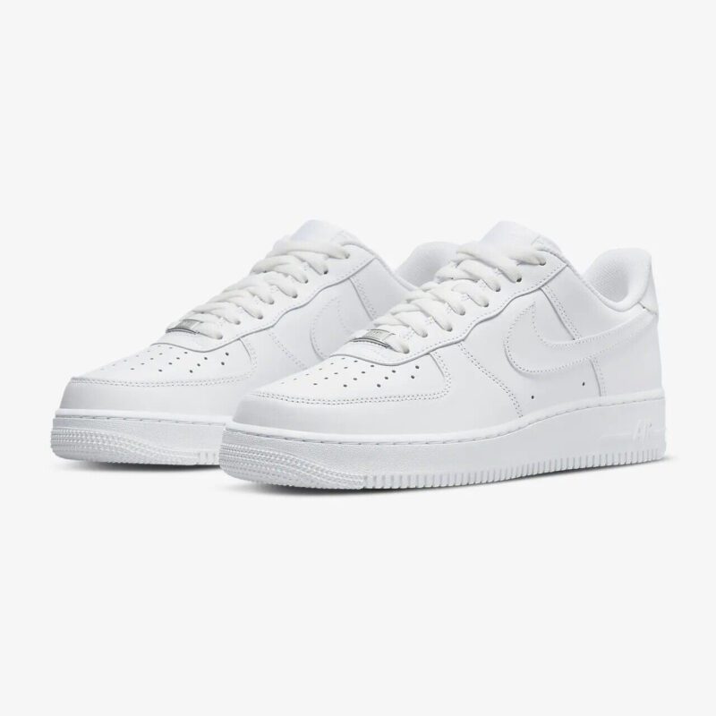 nike-air-force-1-low-triple-white-cw2288-111-main Nike Air Force 1 Low Triple White CW2288-111 in a front angle view with white leather upper and classic AF1 silhouette.