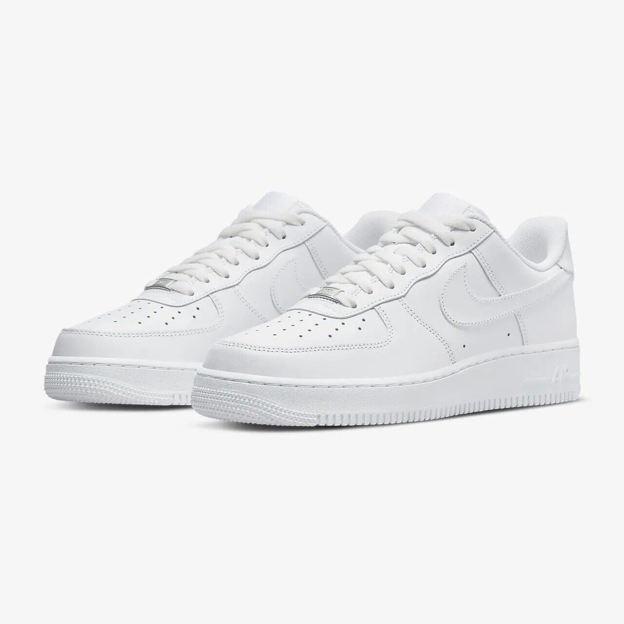 Nike Air Force 1 Low Triple White CW2288-111 in a front angle view with white leather upper and classic AF1 silhouette.