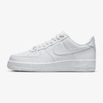 Right side profile of Nike Air Force 1 Low Triple White with white Swoosh, leather overlays, and AIR midsole branding.