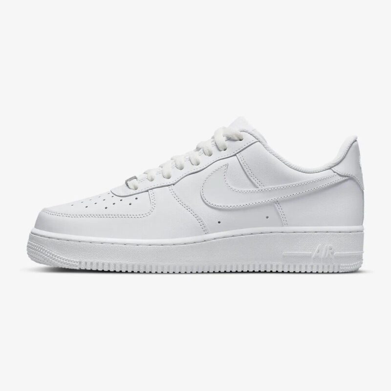 Right side profile of Nike Air Force 1 Low Triple White with white Swoosh, leather overlays, and AIR midsole branding.