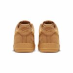 Rear heel view of Nike Air Force 1 Low Wheat CJ9179-200 showing embossed Nike Air branding and premium nubuck construction.