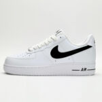 Side profile of Nike Air Force 1 Low White Black CJ0952-100 showing white leather panels, black Nike Swoosh, Air midsole branding, and low-top construction.
