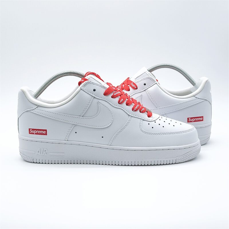 Nike Air Force 1 Supreme White side profile with Supreme box logo branding and white leather upper