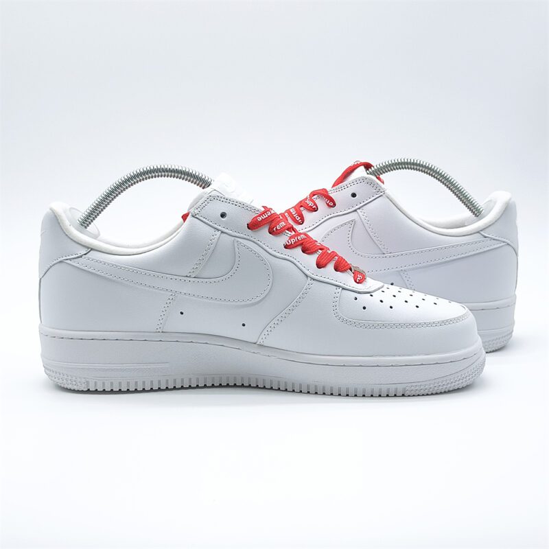 Supreme AF1 White sneaker lateral side view with premium leather upper and streetwear inspired styling