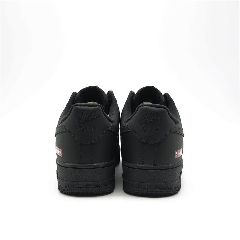 Rear heel view of Supreme Air Force 1 Black displaying Nike Air embroidery and Supreme Box Logo branding.