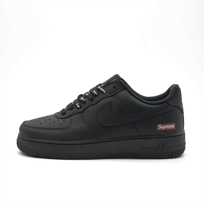 Side profile of Supreme Air Force 1 Low Black showing tonal black Nike Swoosh, Supreme Box Logo branding and all black Air Force 1 midsole.
