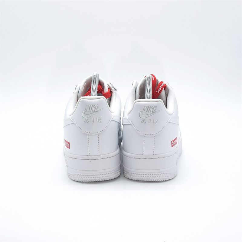 Supreme x Nike Air Force 1 White heel view with embroidered Nike Air branding and Supreme logo accents