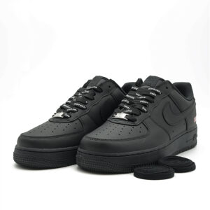 Supreme x Nike Air Force 1 Low Black sneaker featuring premium black leather upper, Supreme branded laces, Nike Air cushioning and iconic black Air Force 1 silhouette.