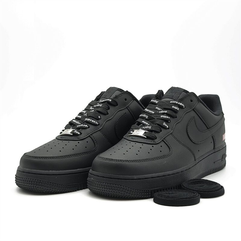 Supreme x Nike Air Force 1 Low Black sneaker featuring premium black leather upper, Supreme branded laces, Nike Air cushioning and iconic black Air Force 1 silhouette.
