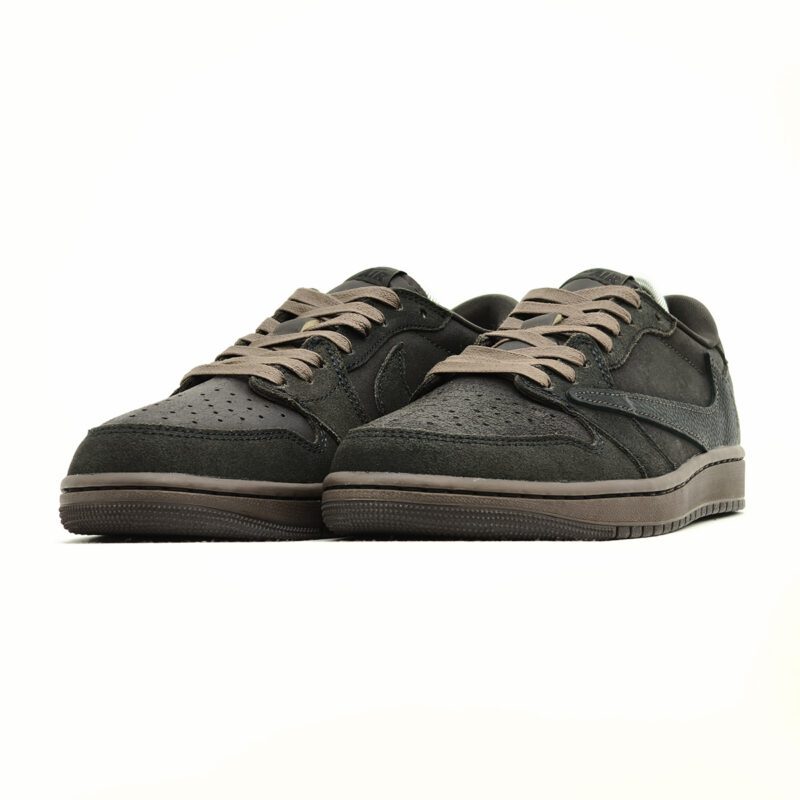 Travis Scott Air Jordan 1 Low Velvet Brown sneakers featuring premium dark brown suede construction, reverse Swoosh branding, and signature Cactus Jack collaboration details.