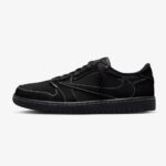 Side profile of the Travis Scott Jordan 1 Low Black Phantom featuring the oversized reverse Swoosh, premium black suede panels, and contrast stitching.