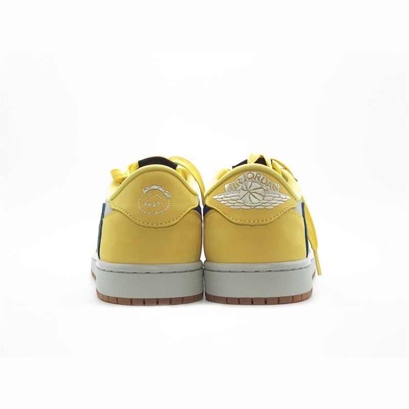 Rear view of Travis Scott Jordan 1 Low Canary featuring Air Jordan Wings logo and Cactus Jack embroidery.