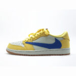 Lateral side profile of Travis Scott Jordan 1 Low Canary with oversized blue reverse Nike Swoosh.