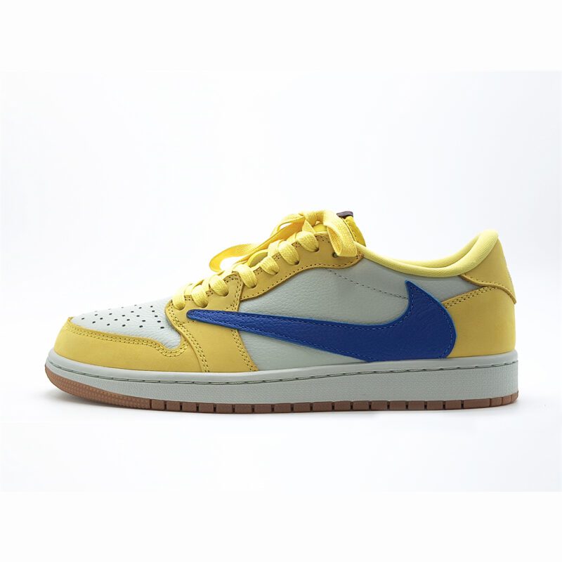 Lateral side profile of Travis Scott Jordan 1 Low Canary with oversized blue reverse Nike Swoosh.