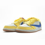 Travis Scott Jordan 1 Low Canary sneakers featuring yellow overlays, white leather panels, blue reverse Swoosh, and gum outsole.