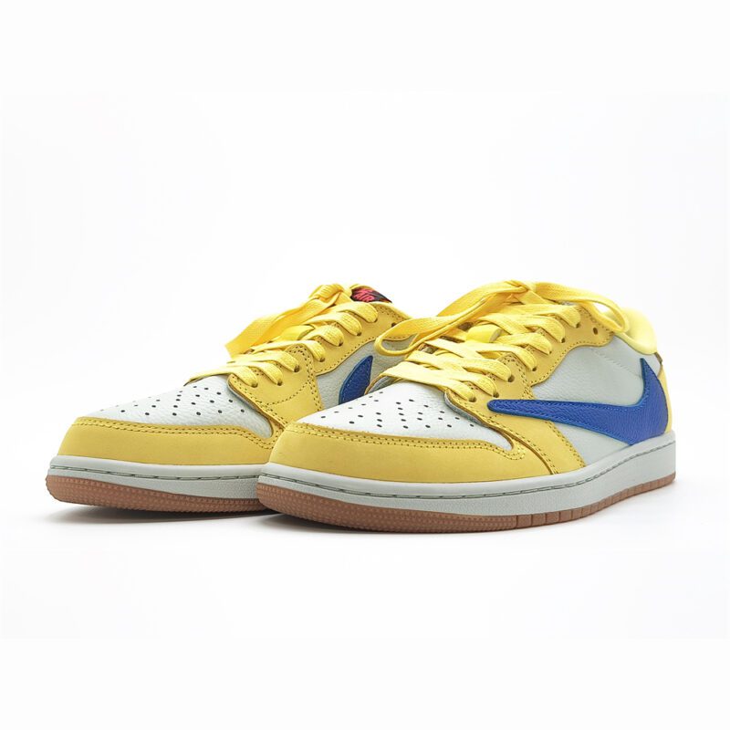 Travis Scott Jordan 1 Low Canary sneakers featuring yellow overlays, white leather panels, blue reverse Swoosh, and gum outsole.