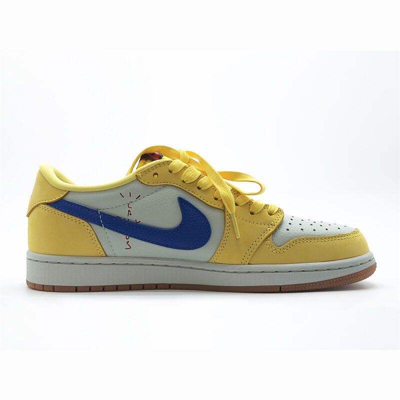 Medial side of Travis Scott Jordan 1 Low Canary featuring Travis Scott Cactus Jack branding details.