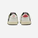 Rear view of Travis Scott Air Jordan 1 Low Medium Olive displaying embroidered Air Jordan Wings logo and Cactus Jack branding.