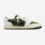 Side profile of Travis Scott Air Jordan 1 Low Medium Olive featuring the oversized reverse black Swoosh and premium olive suede panels.