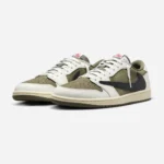 Travis Scott Air Jordan 1 Low Medium Olive sneakers featuring premium olive suede, Sail leather overlays, and the signature reverse black Swoosh.