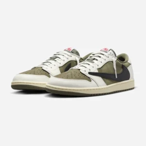 Travis Scott Air Jordan 1 Low Medium Olive sneakers featuring premium olive suede, Sail leather overlays, and the signature reverse black Swoosh.