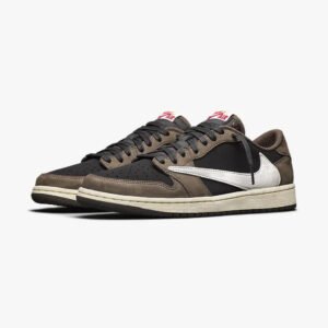 Travis Scott x Air Jordan 1 Low OG Mocha CQ4277-001 front pair featuring premium Black suede, Dark Mocha overlays, Sail reverse Swoosh, and classic Air Jordan craftsmanship.