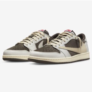 Travis Scott x Air Jordan 1 Low OG Reverse Mocha pair featuring premium Sail leather, Reverse Mocha suede overlays, and signature reverse Swoosh viewed from the front angle.