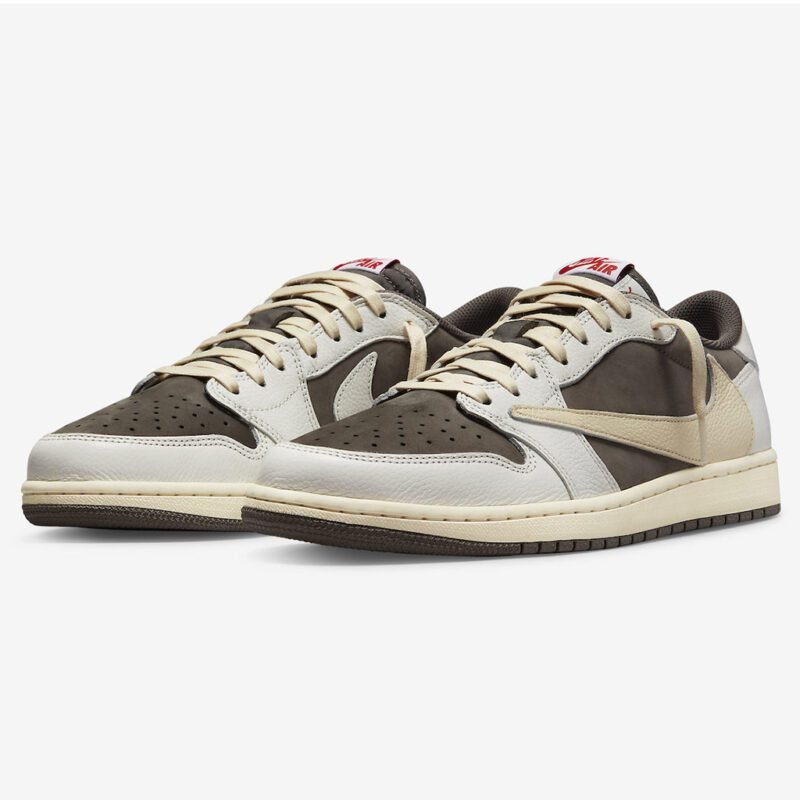 Travis Scott x Air Jordan 1 Low OG Reverse Mocha pair featuring premium Sail leather, Reverse Mocha suede overlays, and signature reverse Swoosh viewed from the front angle.