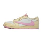 Side profile of the Travis Scott Air Jordan 1 Low Shy Pink highlighting the oversized pink reverse Swoosh, premium leather upper, and cream midsole.